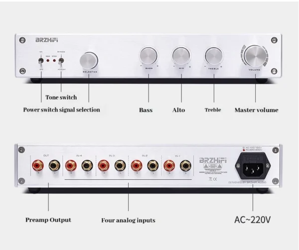 kf-S3058d33311094804a8aa40a183c304969-1 AMXEKR FV-2020 High-Fidelity Hi-Fi Preamplifier with Tone Adjustment, Aluminum Panel, and Gold-Plated Terminals.