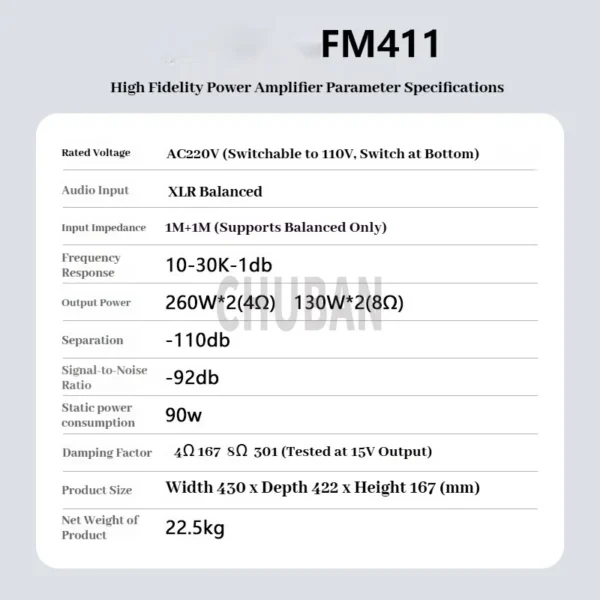 CHUBAN FM411 New Fully Balanced Class AB Power Amplifier, Pure Power Amplifier, High-Fidelity 260W High-Power Audio