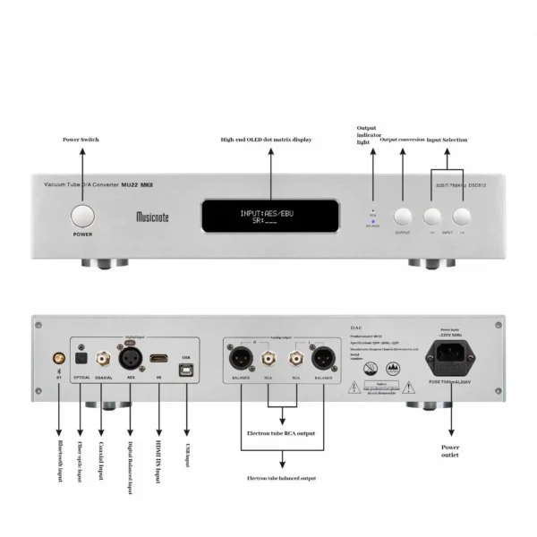 Musicnote MU22 MKII High-End DAC Audio Decoder with Dual 9038Pro Balanced Inputs, Bluetooth, Optical Input, and Display Screen